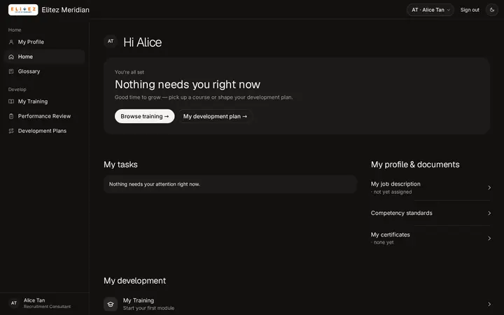 Employee home in dark mode